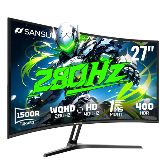SANSUI 27 Inch 280Hz Curved Gaming Monitor,WQHD 280Hz / HD 400Hz Dual Mode,1500R Curved Computer Monitor, HDR400 135% sRGB 5000:1 Contrast Ratio, PIP/PBP,OD 1ms AI Crosshair,HDMI2.1 * 2, DP1.4,VESA