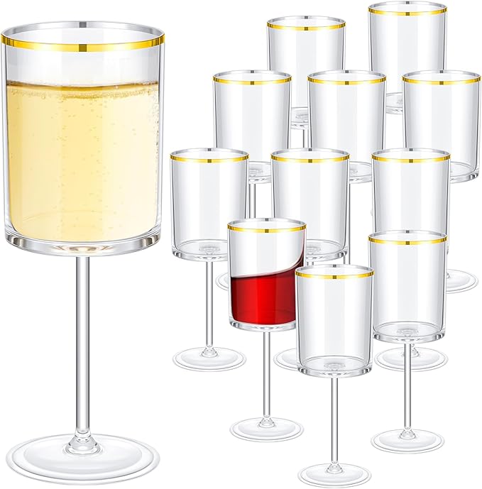 Yaomiao 12 Pack Clear Plastic Disposable Wine Glasses with Stem 10 Oz Gold Rimmed Reusable Wine Glasses Cups for Wedding A...