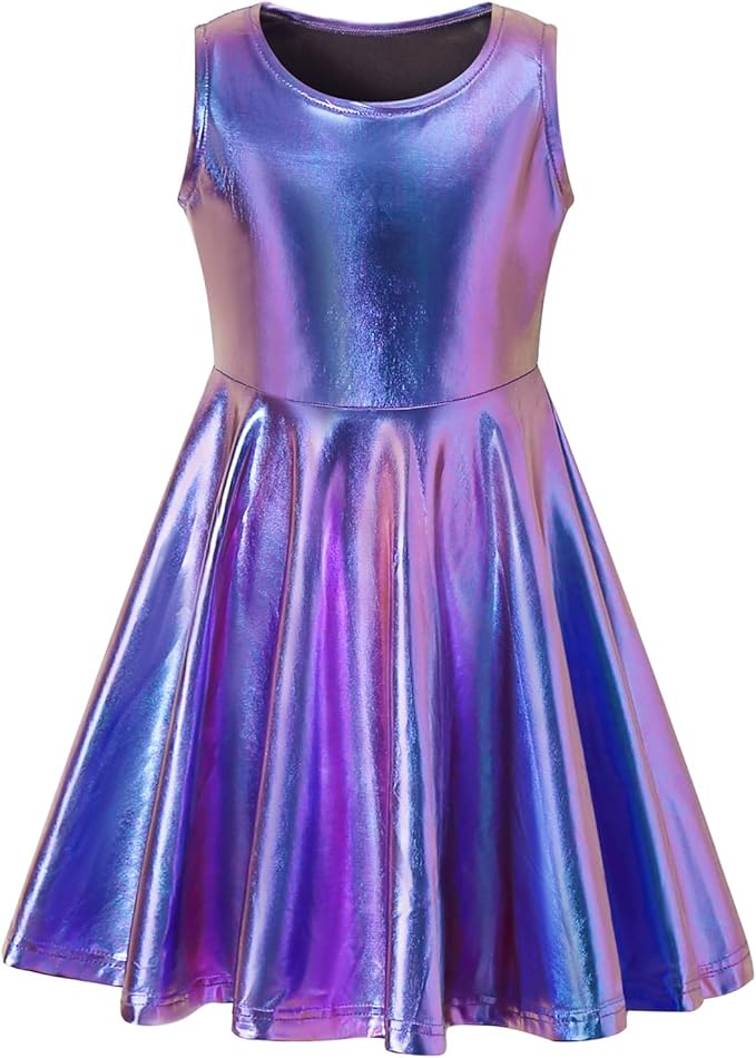 Shekavarld Girls Metallic Dress Kids Sparkly Shiny Dresses Twirl Swing Dresses