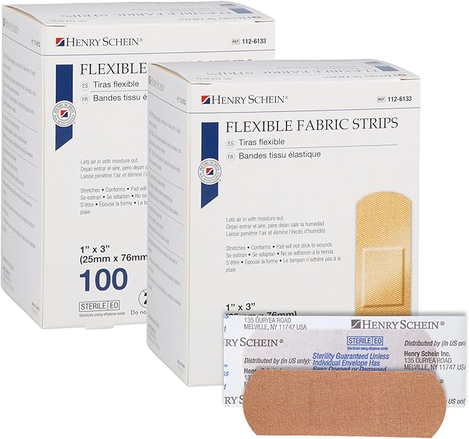 Henry Schein Sterile Adhesive Fabric Bandages, 1" x 3" – Box of 200 Flexible, Breathable Strips – Soft, Stretchable Wound ...