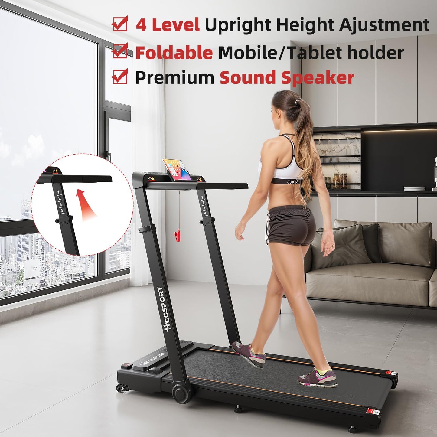 Hccsport Treadmill with Incline, 3 in 1 Under Desk Treadmill Walking Pad with Removable Desk Workstation 3.5HP Foldable Compact Walking Treadmills for Home Small Office with Wristband Remote Control