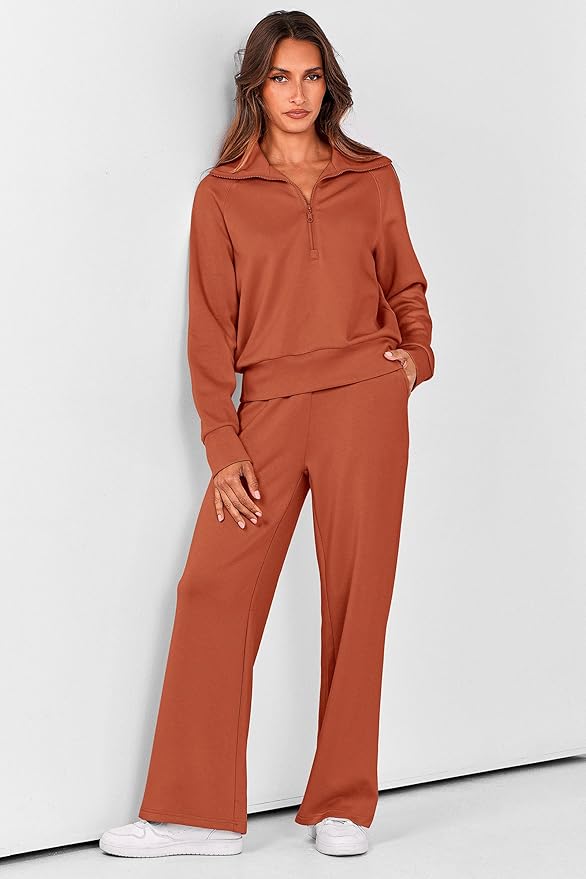 PRETTYGARDEN Women's 2 Piece Outfits Casual Lapel Half Zip Sweatshirts and Wide Leg Pants Tracksuit Sets