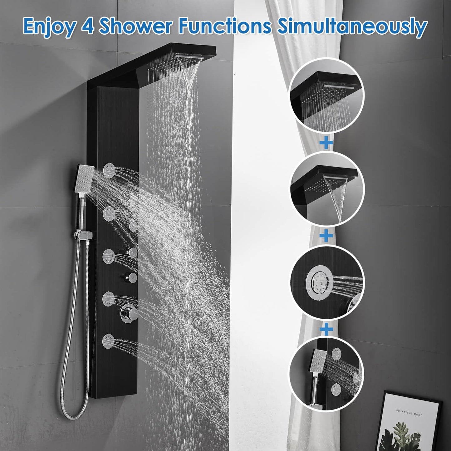 ROVOGO Shower Panel Tower System with Rainfall Waterfall Shower, 5 Body Jets and 3-Setting Handheld, 304 Stainless Steel Shower Column Wall-Mount, Black