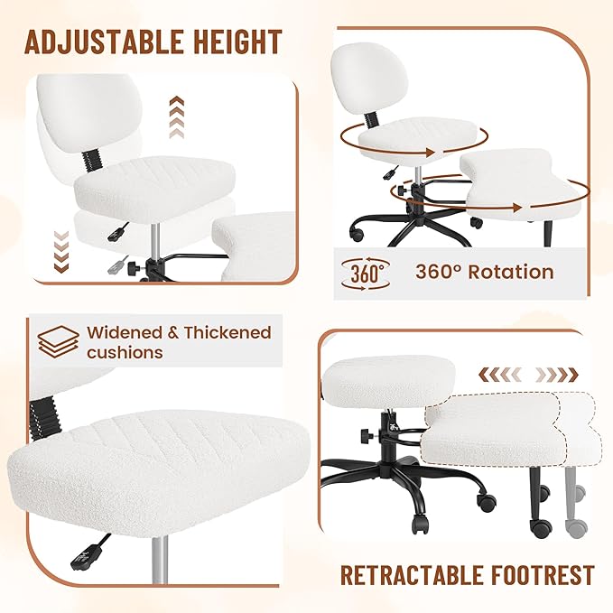 Homall Ergonomic Cross Legged Office Desk Chair with Wheels, 360° Swivel and Adjustable Height for Meditation and ADHD,Criss Cross Kneeling Chair with Lumbar Support (Teddy Fabric, White)
