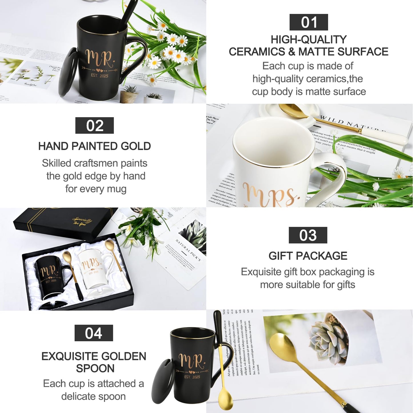 Cabtnca Wedding Gifts, Mr And Mrs Gifts, Engagement Gift for Couples 2025, Mr And Mrs Est 2025 Mug Set, Wedding Registry Bridal Shower Gift, 14 Oz Black & White