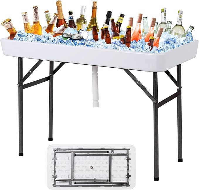 Giantex Folding Ice Table with Drain, 4 ft Portable Cooler with Removable Skirt, No Assembly, Fill and Chill Table for Foo...