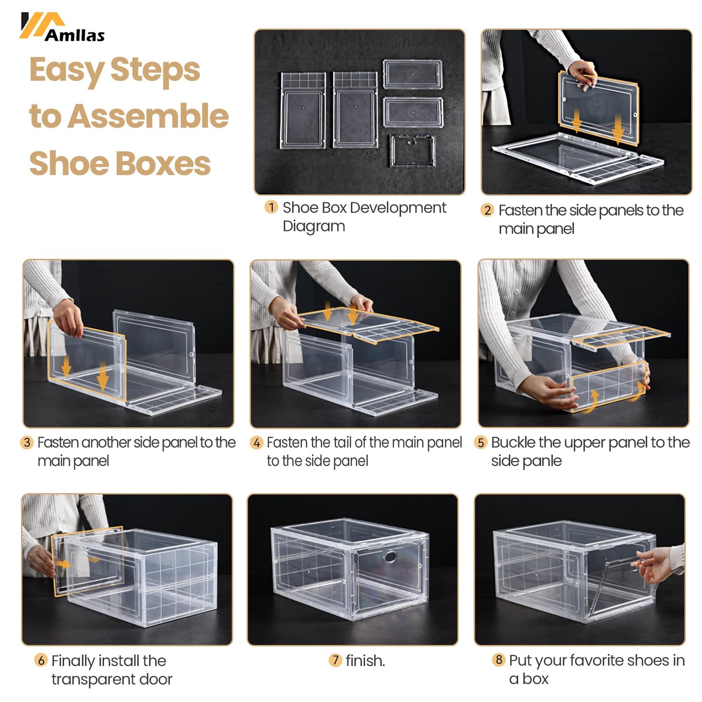 Amllas 12 Pack Clear Shoe Boxes Stackable,Shoe Storage Boxes for Closet,Sturdy Shoe Box Storage Containers with Clear Door,Sneaker Storage,Easy to Assemble,Fit up to US Size 12(13.8”x 9.84”x 7.1”)