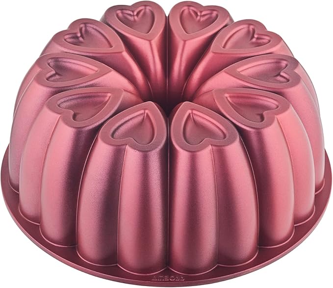 Heart Shape Cast Aluminum Molded Cake Pan, Titanium Coating, Non-Stick, 12 Cups, Heavy Duty, 10 Inch Pound Cake Pan, Gifts for Mom, Fluted Tube Pan, Easy to Clean (Red)