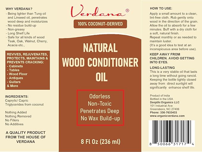 Verdana Natural Wood Conditioner Oil – 8 Fl Oz – Plant-Based, Odorless Furniture Conditioner for Wood Tables, Cabinets, Dressers & Antiques – Nourish, Polish & Protect – Non-Toxic Conditioning Oil