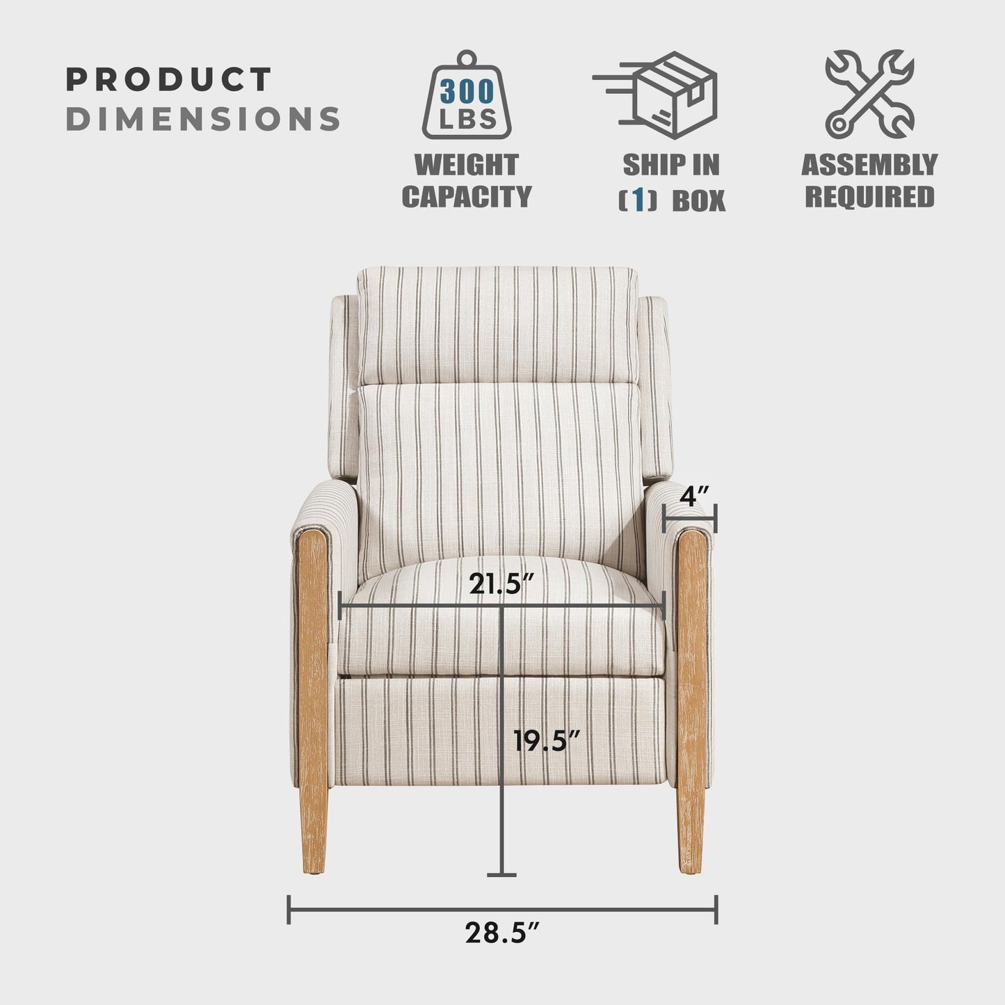 Lexicon Pushback Recliner Chair, Striped Textured Fabric Accent Armchair, Push Back Recliner, Nailhead Trim, Solid Wood Legs, Easy Assembly for Living Room/Office/Apartment, White/Grey