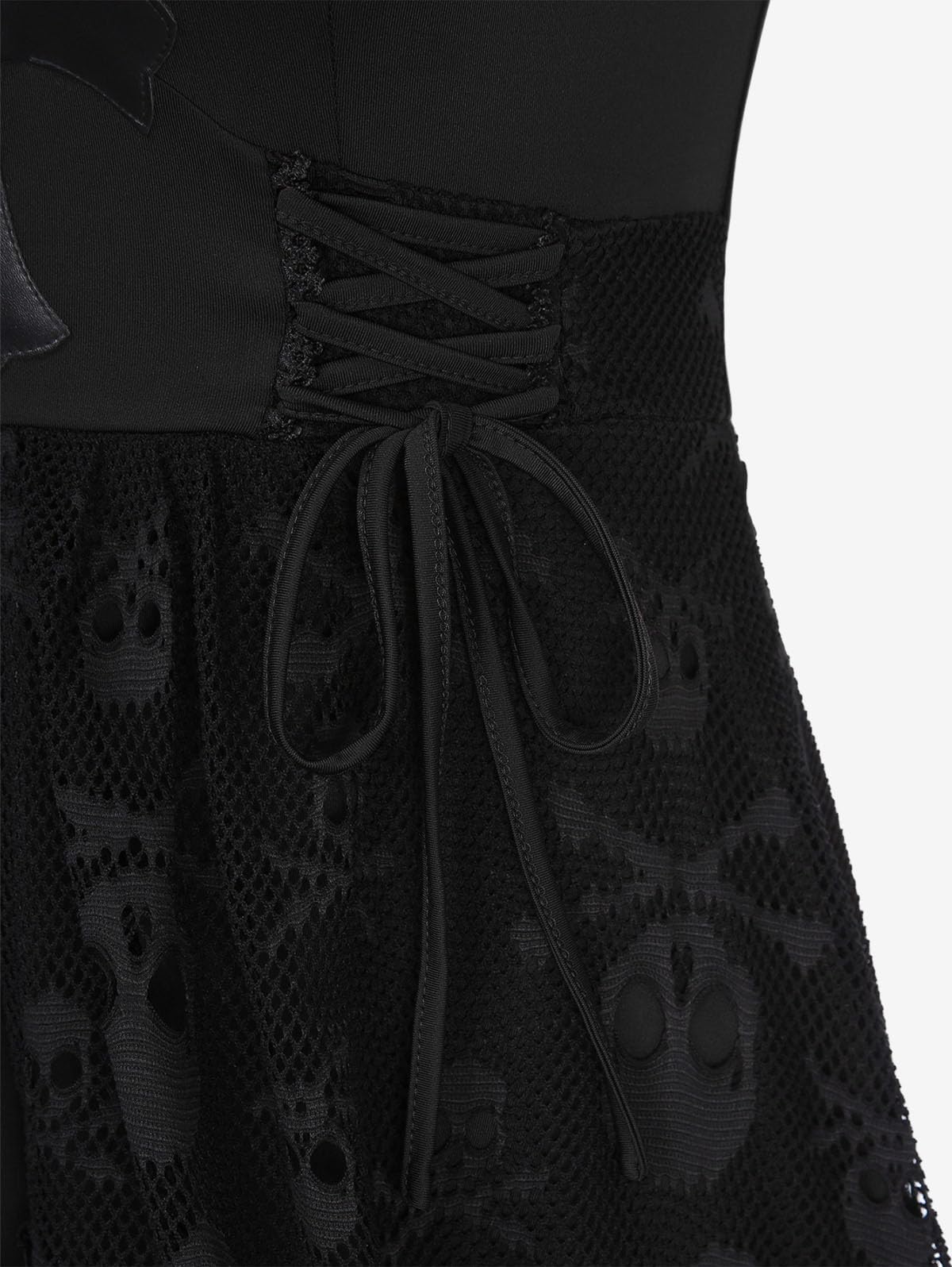 Rosegal Women Plus Size Gothic Lace-up PU Cross Skulls Lace Panel Asymmetrical High Low Midi Dress Rivets Straps Punk Dress(Black_1/L)