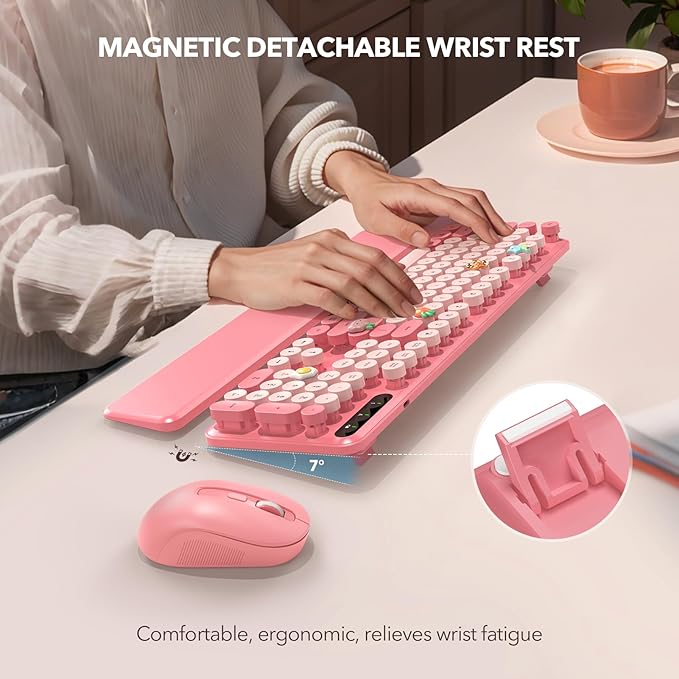 Wireless Keyboard and Mouse Combo, Retro Keyboard with Round Keycaps, Full-Size Typewriter Style Keyboard with Detachable Wrist Rest, 2.4GHz Only Cordless Connection for Windows/PC/Laptop (Baby Pink)