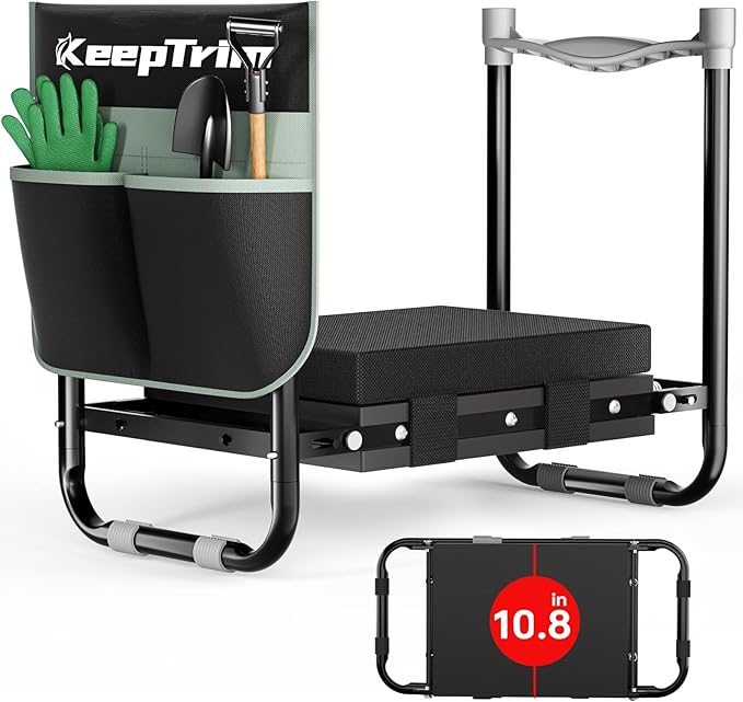 KeepTrim Garden Kneeler and Seat, Foldable Ergonomic Kneeling Bench with Tool Pouch 400 Lbs Heavy Duty 2-in-1 Comfortable Cushioned Kneeling Chair for Gardening Yard Work (Black)