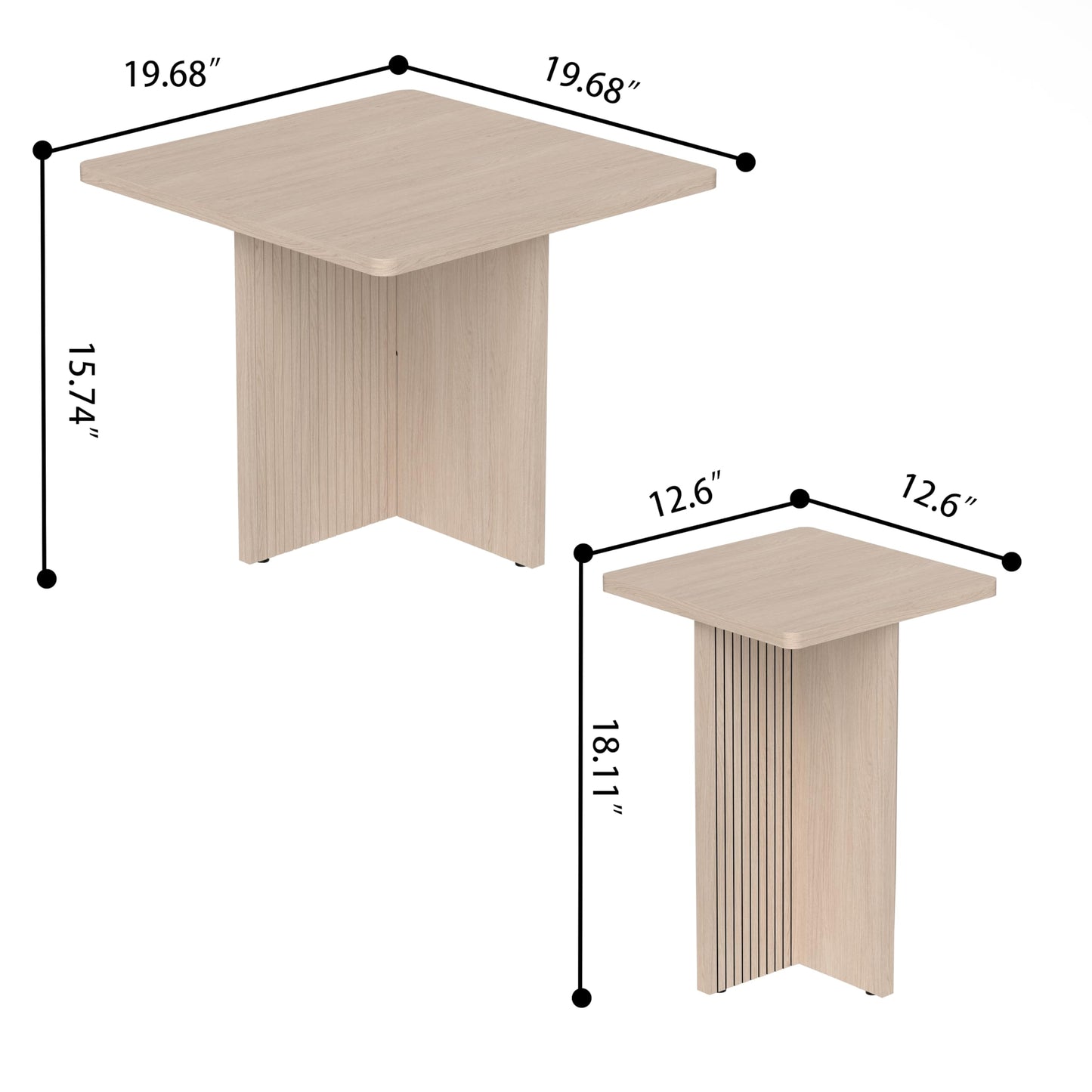 Oak Coffee Tables for Living Room: End Tables Set of 2 for Modern Small Side Spaces, Wooden Square Center Nesting Pieces with Fluted Wood Details (Oak)