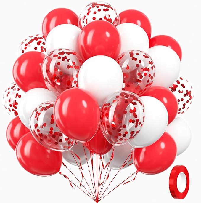 60pcs Red and White Balloons 12inch with White Red Confetti Balloons for Wedding Engagement Christmas Valentine's Day Birt...