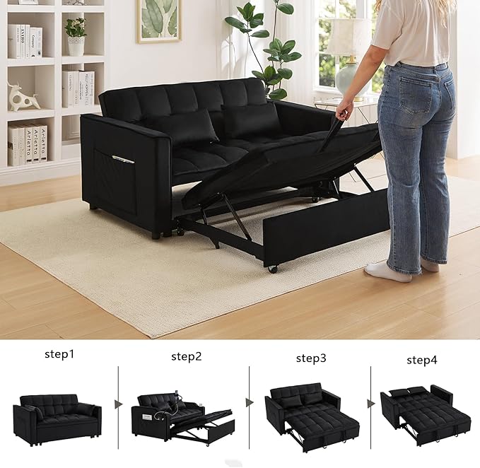 OjvZxqtbrnl Convertible Sofa Bed,3 in 1 Pull Out Couch Adjustable Backrest, Modern Velvet Upholstery Sleeper Sofa Bed, Loveseat Couch for Living Room, Bedroom & Apartments (Black)