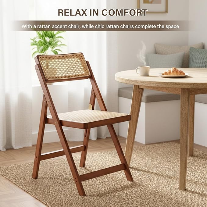 Furlide Rattan Folding Chairs, Modern Mid Century Dining Chairs Set of 2, Outdoor Bamboo Chairs for Bedroom Living Room Reading Room Dining Kitchen, Walnut