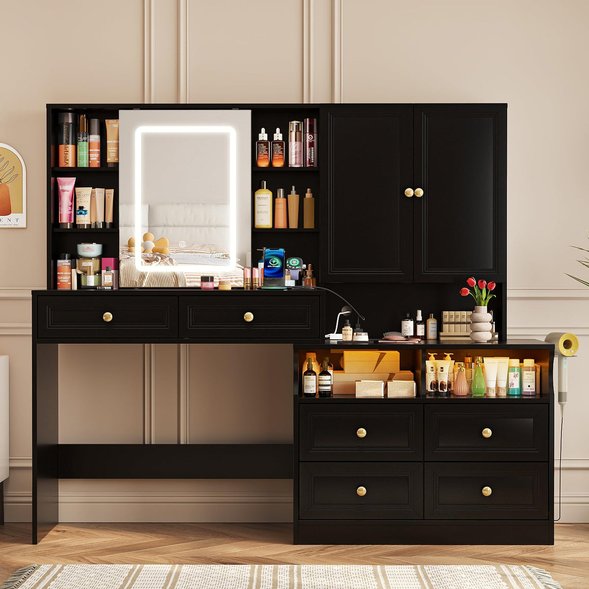 Vabches 58.6" Large Vanity Desk with Sliding Mirror & Lights, Black Makeup Vanity Table & Nightstand Combo with Power Outlet and 6 Drawers 15 Shelves with Light Strips for Bedroom Dressing Room