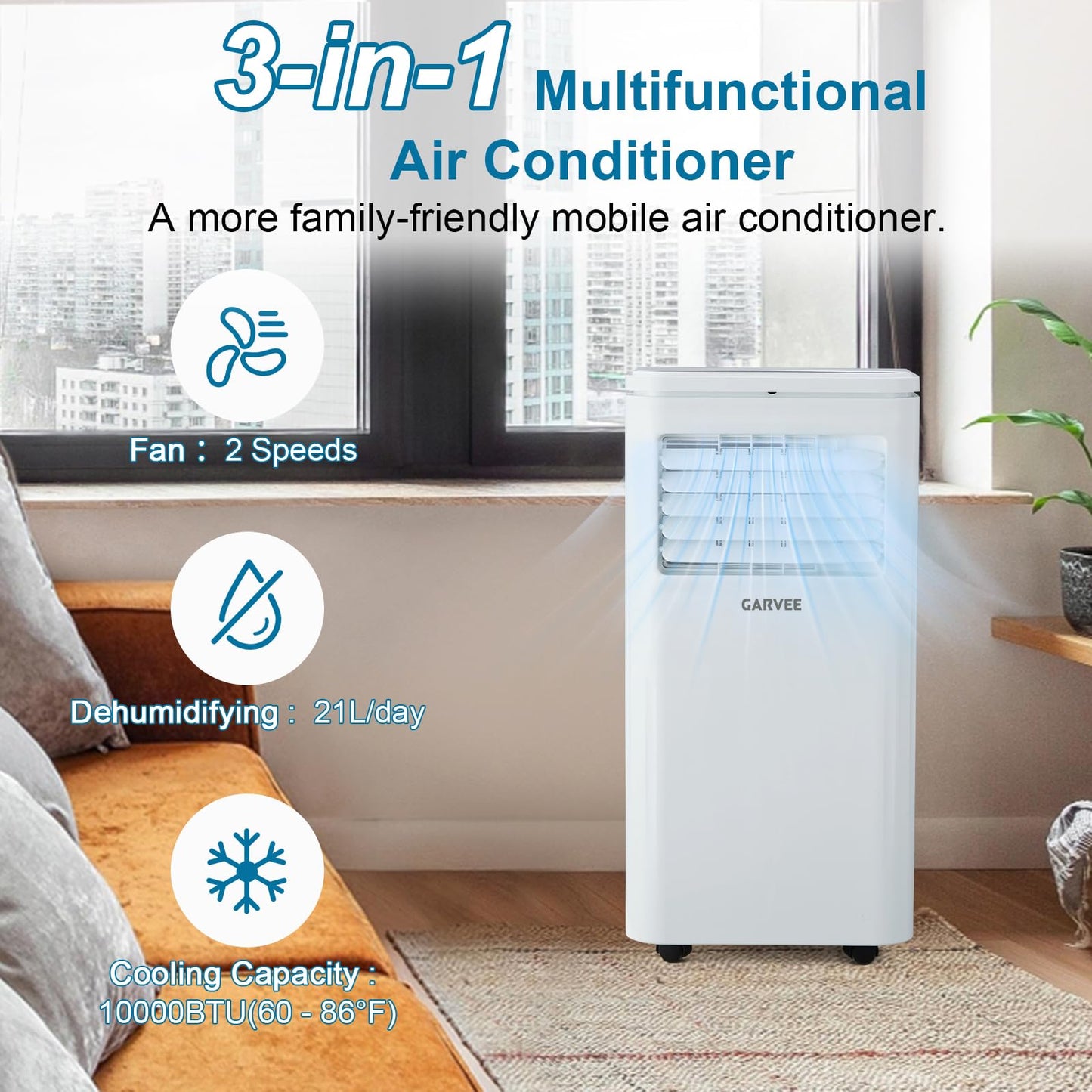 Garvee 10000BTU Portable Air Conditioner 3 in 1, Quiet AC Unit with Fan & Dehumidifier Up to 450 sq.ft, Dehumidifier & Fan, LED Display, Remote, Window Kit, for Bedroom/Office/Dorms/Apartment