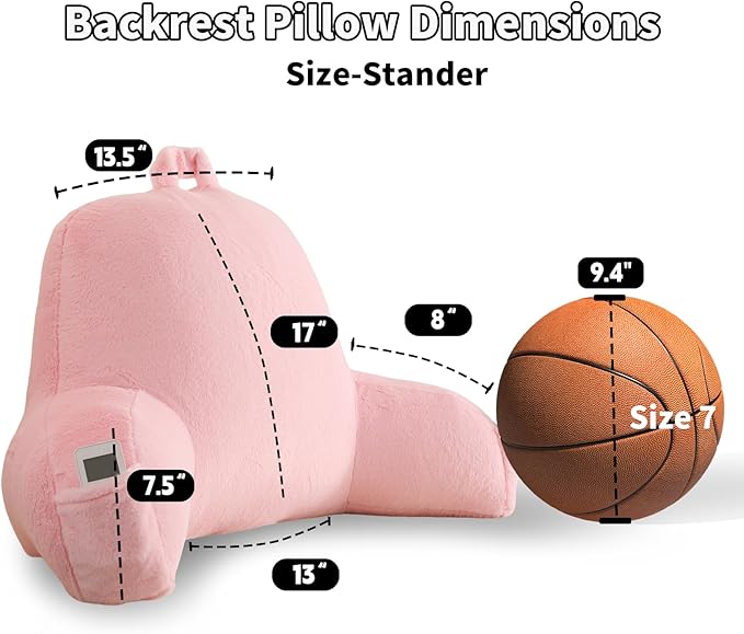 PAJEO Reading Pillow for Sitting in Bed, Large Backrest Reading Pillow with Arm Rest,Back-Rest Support Cushion for Sit Up on Couch, Sofa, and Floor, Dorm Essentials (Pink Faux Fur, Standard(17"))