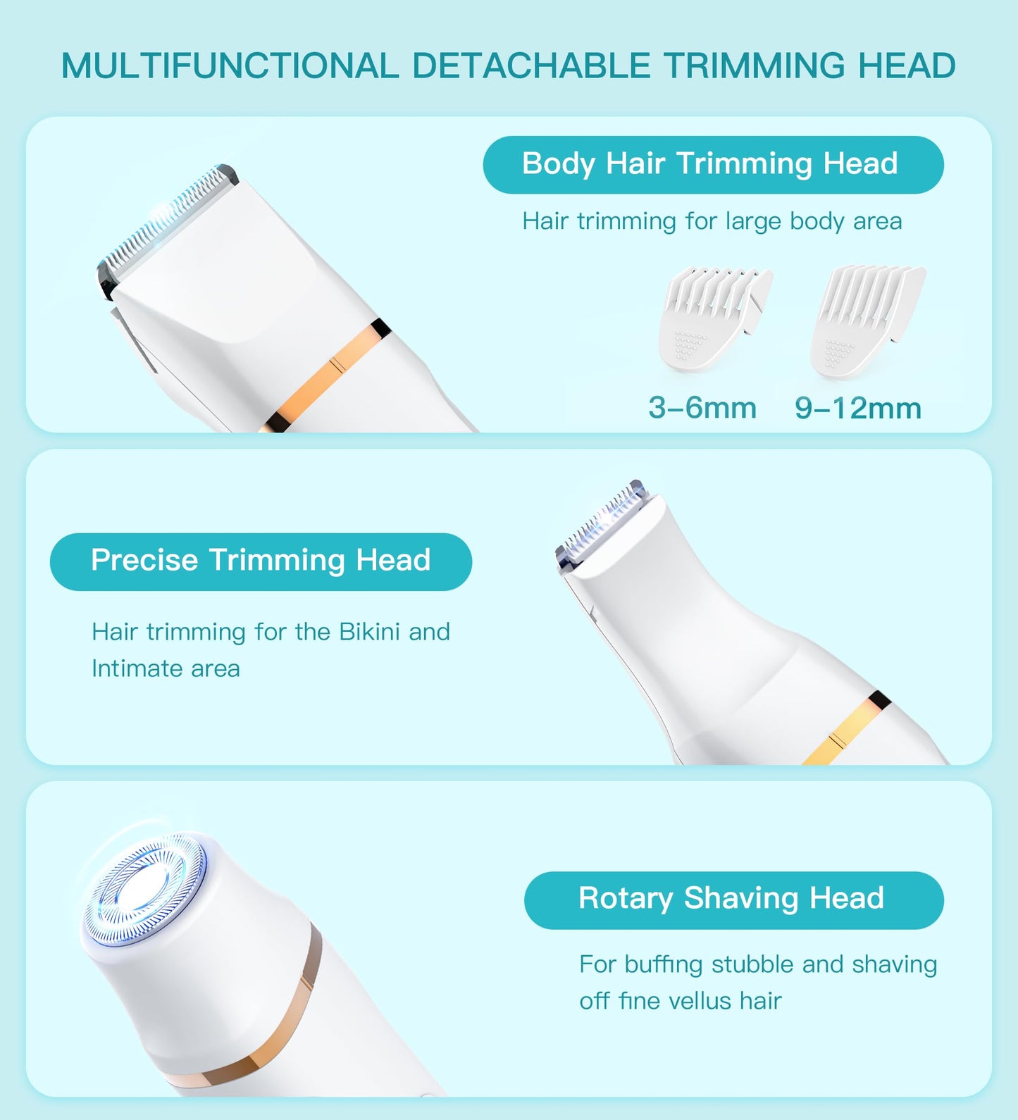 HEBECA Bikini Trimmer for Women, 3in1 Electric Razor for Women with Facial Trimmers & Intimate Shaver for Sensitive Skin, Waterp