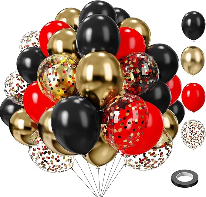 Lukiituke 75PCS Balloon, Black, Red, and Gold (12in and 5in), Casino Theme Party Decorations, New Year, Graduation, Weddin...