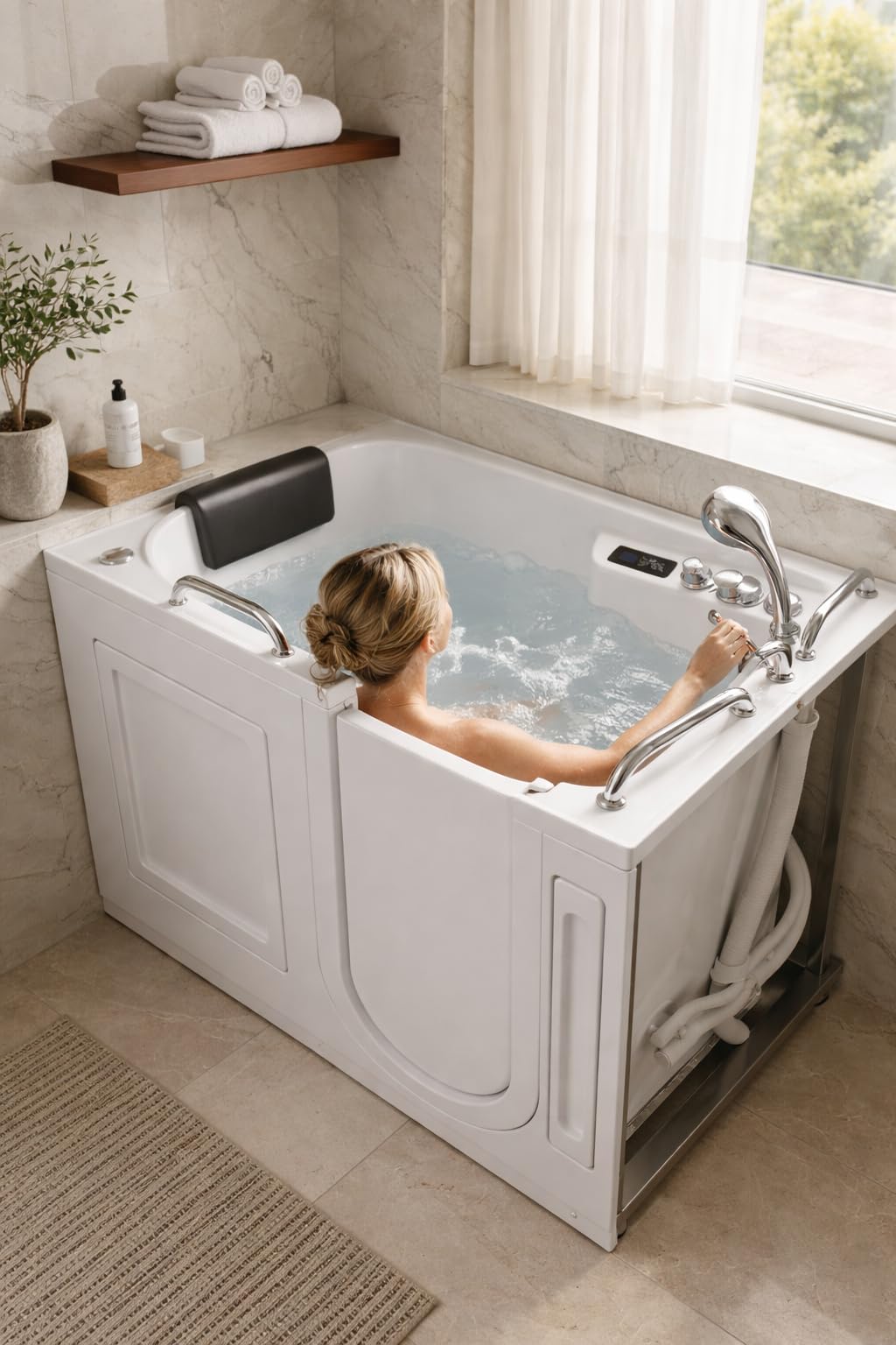 ANZZI Walk In Tub 53" x 27" Right-Drain Bathtub, Air & Whirlpool Massage Jets, Quick Fill with 6?Setting Handheld Shower, Aromatherapy, Bath Pillow, LED Light | 2753FLWR