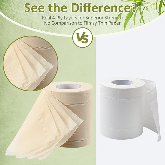 Bamboo Toilet Paper, 4 Ply 60 Rolls, Unbleached, Strong & Soft Toilet Tissue Bulk, Chemical Free Bathroom Tissue Rolls
