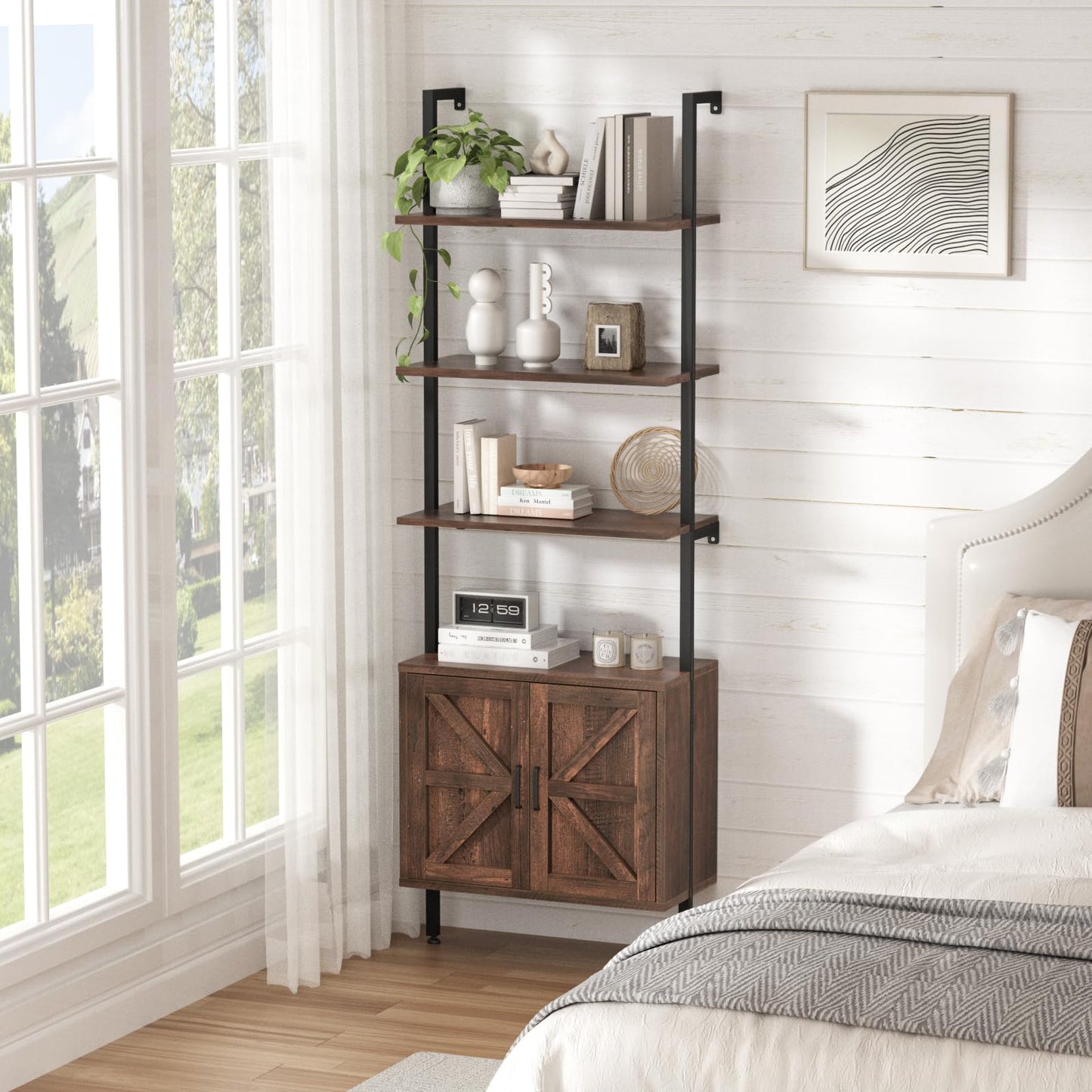 Ladder Bookshelf with Cabinet, 6 Tier Wall Mount Ladder Bookcase with Farmhouse Cabinet, Tall Open Ladder Shelf with Metal Frame for Living Room, Bathroom, Home Office, Rustic Brown
