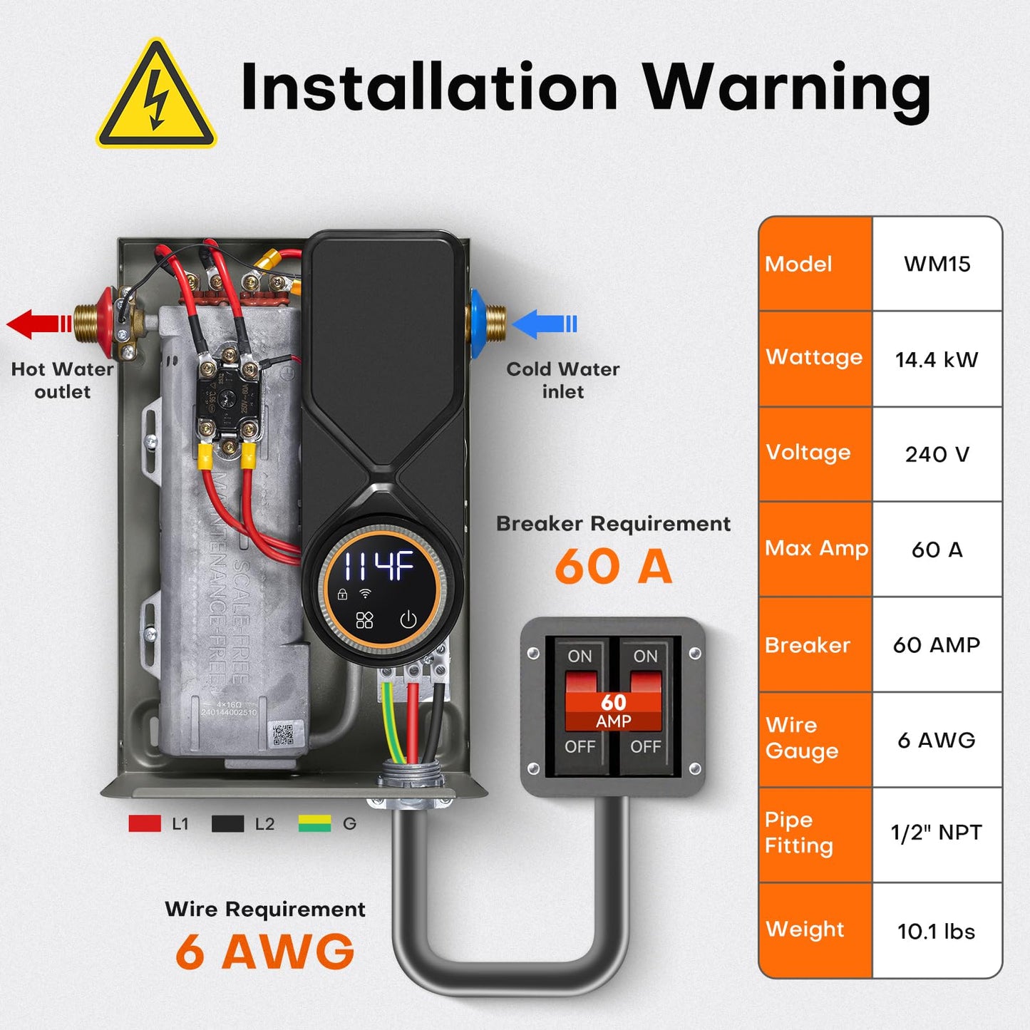 Wintemp Tankless Water Heater Electric 14.4kW, 240 Volt On Demand Instant Hot Water Heater, Within 1℉ Stable Temp, Up to 3.5GPM, WiFi Control, ETL Certified, Eco, WM15