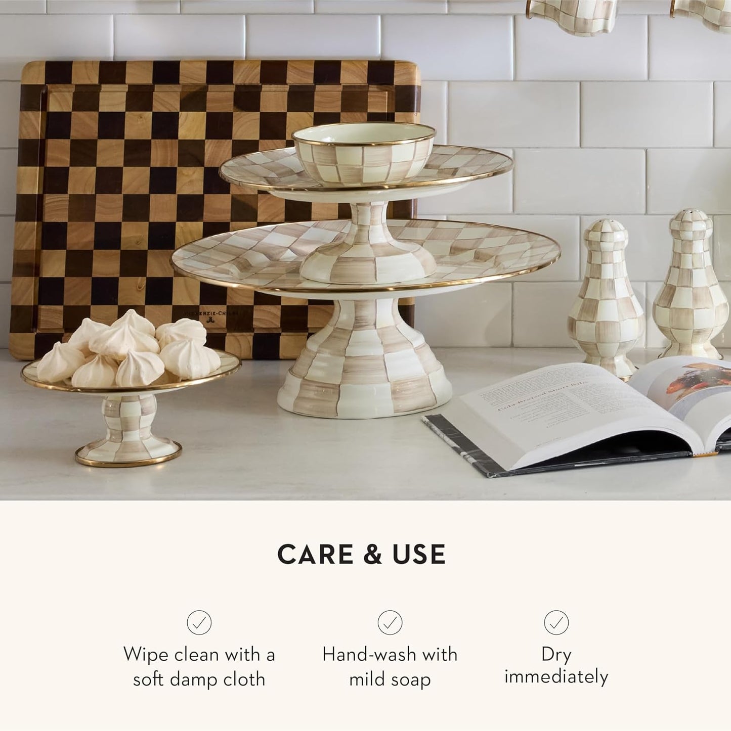 MACKENZIE-CHILDS Enamel Pedestal Platter, Round Cake Stand, Large, Brown-and-White Mocha Check