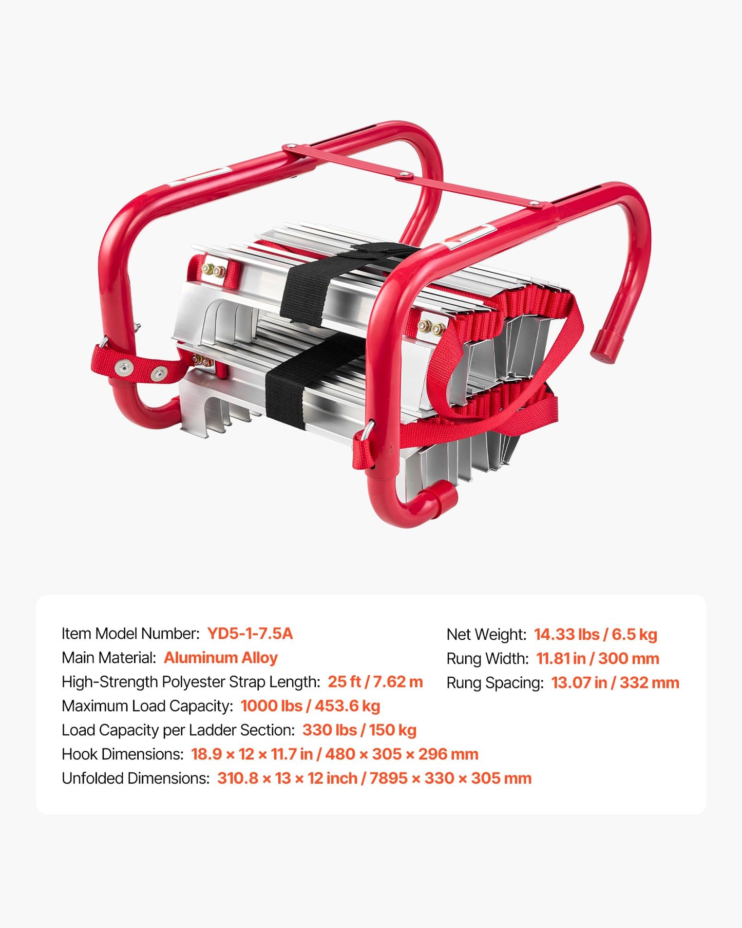 VEVOR Fire Escape Ladder, 3-Story 25FT Retractable Emergency Fire Ladder, Lightweight Aluminum Alloy Safety Escape Ladders with Sturdy Polyester Strap, Anti-Slip Rung & Wide Steps, 1000LBS Max Loading