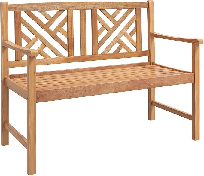Tangkula Patio Acacia Wood Bench, 2-Person Outdoor Loveseat Chair, Cozy Armrest & Backrest, Sturdy Acacia Wood Frame, Outdoor Slatted Seating Bench for Backyard, Garden, 800 lbs Max Load