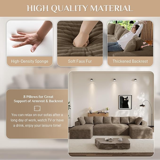 Modular Sectional Sofa, 130" U Shaped Cloud Couch Plush Corduroy Comfy Deep Seat Boneless Sofas with 8 Pillows Double Chaise Lounge Sectional Couches with Memory Foam for Living Room - Camel