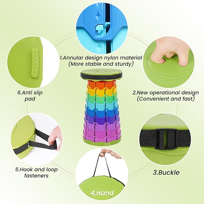 FXKS 2 Pack Upgraded Collapsible Stool Folding Stool with Cushion,Retractable Folding Stool Max Load Capacity 400lbs, Portable Telescoping Stools for Camping Hiking Outdoor BBQ -Rainbow-Green