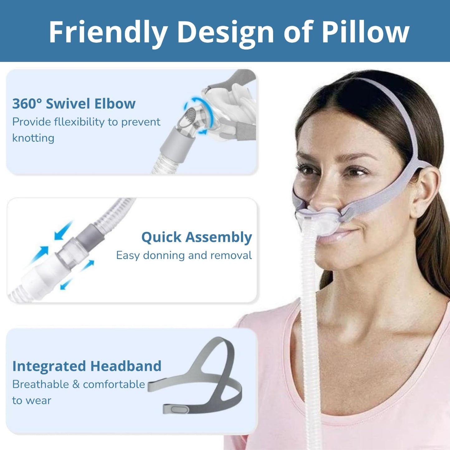 Nasal Pillow Assembly Kit for P10, Under Nose Pillow Supplies Includes Headgear, Tube and 3 Size Nose Pads
