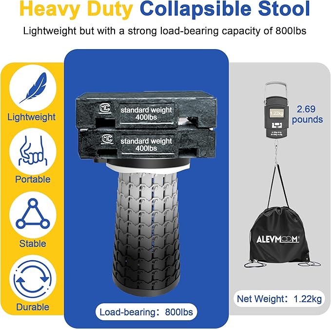 ALEVMOOM Upgraded 18.1" XL Collapsible Stool with Cushion, Portable Folding Stools for Adults Capacity 800lbs, Lightweight Telescoping Stool for Camping Travel Fishing Hiking