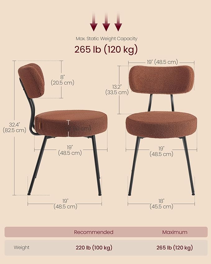 VASAGLE Boucle Dining Chairs Set of 6, Upholstered Kitchen Dining Room Chairs with Curved Backrest and Steel Frame, Modern Mid Century, Round, for Vanity, Living Room, Coffee Brown UKDC110K01-3J