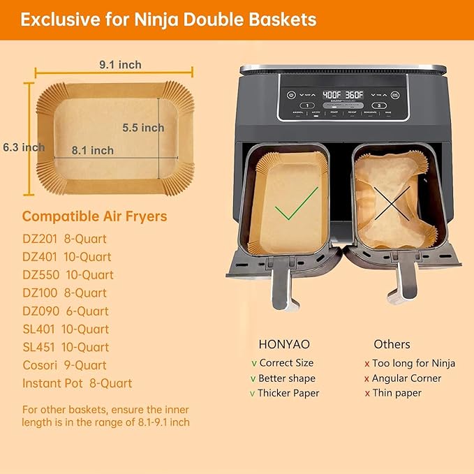 HONYAO Air Fryer Paper Liners for Dual Zone Airfryer, 200pcs 8.1x5.5 inch Rectangle Disposable Inserts for Ninja Foodi DZ201 DZ401 DZ550 other 8-10 qt 2-Basket Air Fryers, Food Grade BPA Free
