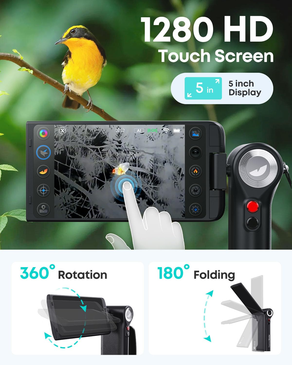 Thermal Master DV2 - Birding Thermal Monocular, 1093 Yards Night Vision Infrared Camera with 50Hz, 15mK NETD, 5'' Rotatable Screen, 256x192 Ir Resolution, 10mm Manual Len, Wildlife Observation, Black