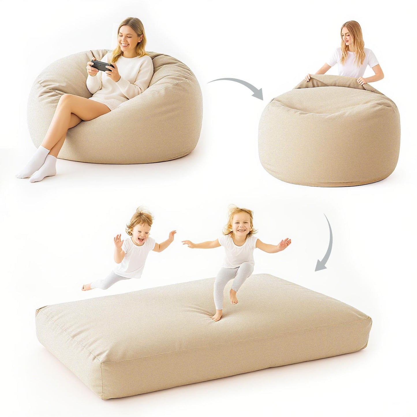 HZYPBS Extra Large Bean Bag Chair，Two in one Bean Bag Bed，It can be Easily Converted from a Chair to a Mattress, Filled with high-Density Foam, Washable Flannel Cover. for Families (Apricot Color)