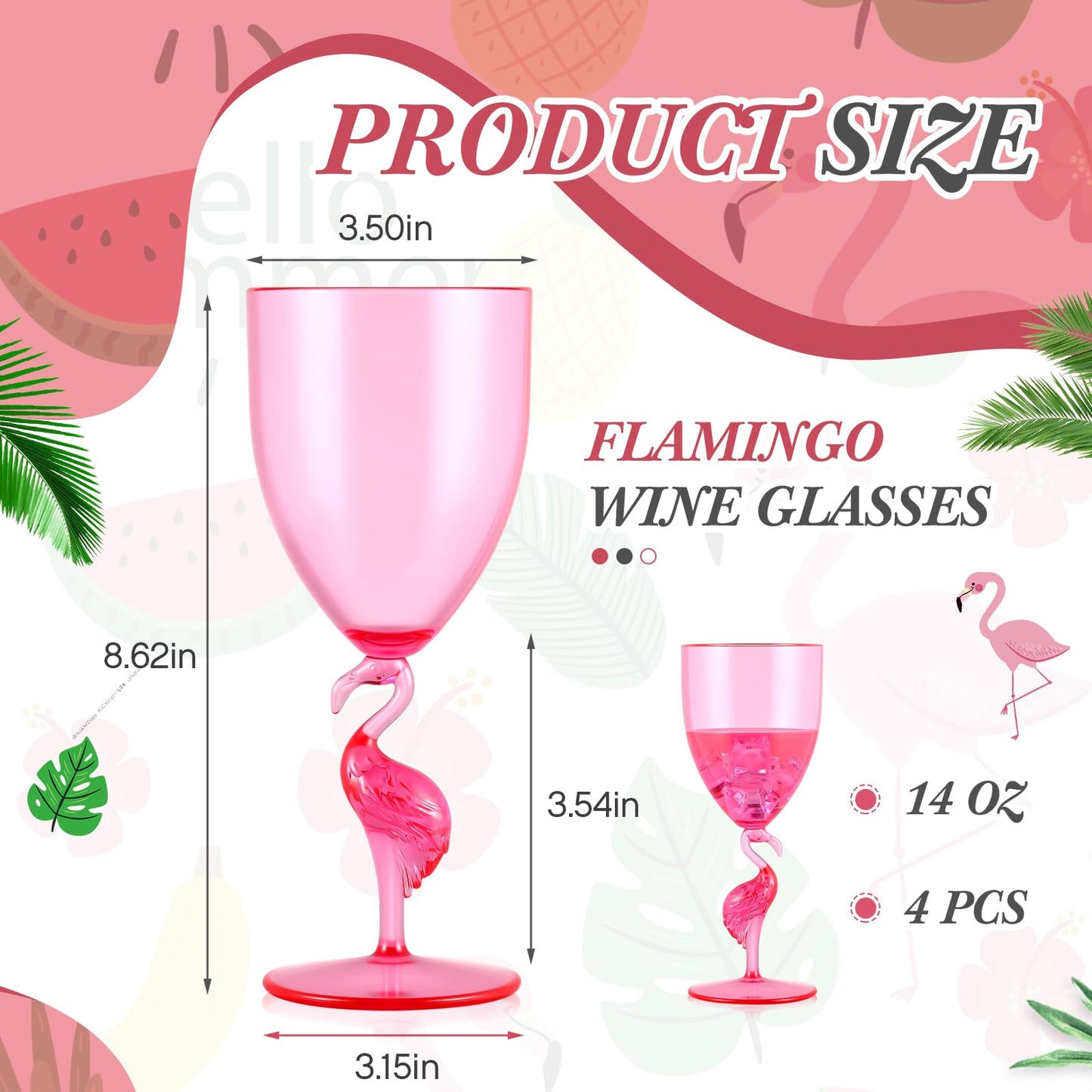 Singhoow 4 Pcs Flamingo Stem Wine Glasses 14oz Plastic Pink Glasses Reusable Funny Drinkware for Wine Beverage Flamingo Fiesta Party Favor Supplies