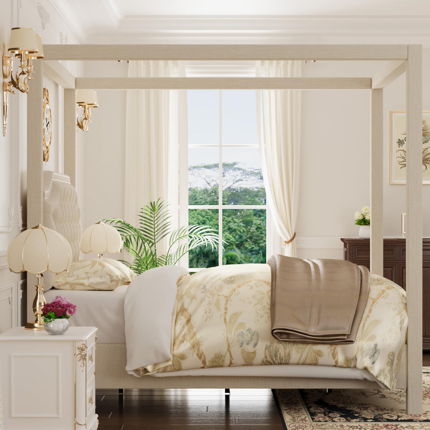 GarveeHome Upholstered Canopy Bed Frame Queen Size with headboard, Button Tufted, Nailhead Trim Design, No Box Spring Required, Beige(Shipped in 2 Boxes)
