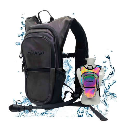 Rave2o Rave Hydration Backpack – Anti-Theft Festival Hydration Pack with 1.5L Leakproof TPU Bladder – Slim, Insulated Water Pack Secret Pockets & Breathable – Raves, Music Festivals, EDC - Prism Black