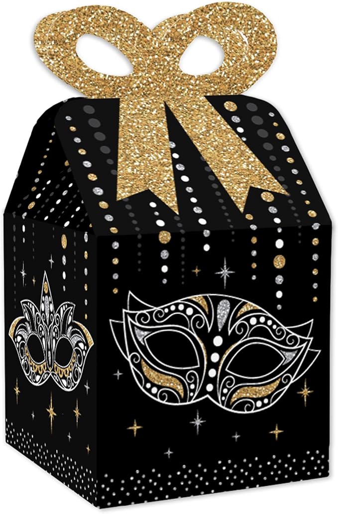 Big Dot of Happiness Masquerade - Square Favor Gift Boxes - Venetian Mask Party Bow Boxes - Set of 12