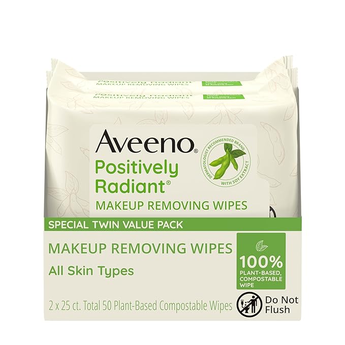 Aveeno Positively Radiant Alcohol Free Makeup Removing Face Wipes, Gentle Non-Comedogenic Facial Cleansing, 100% Plant Bas...