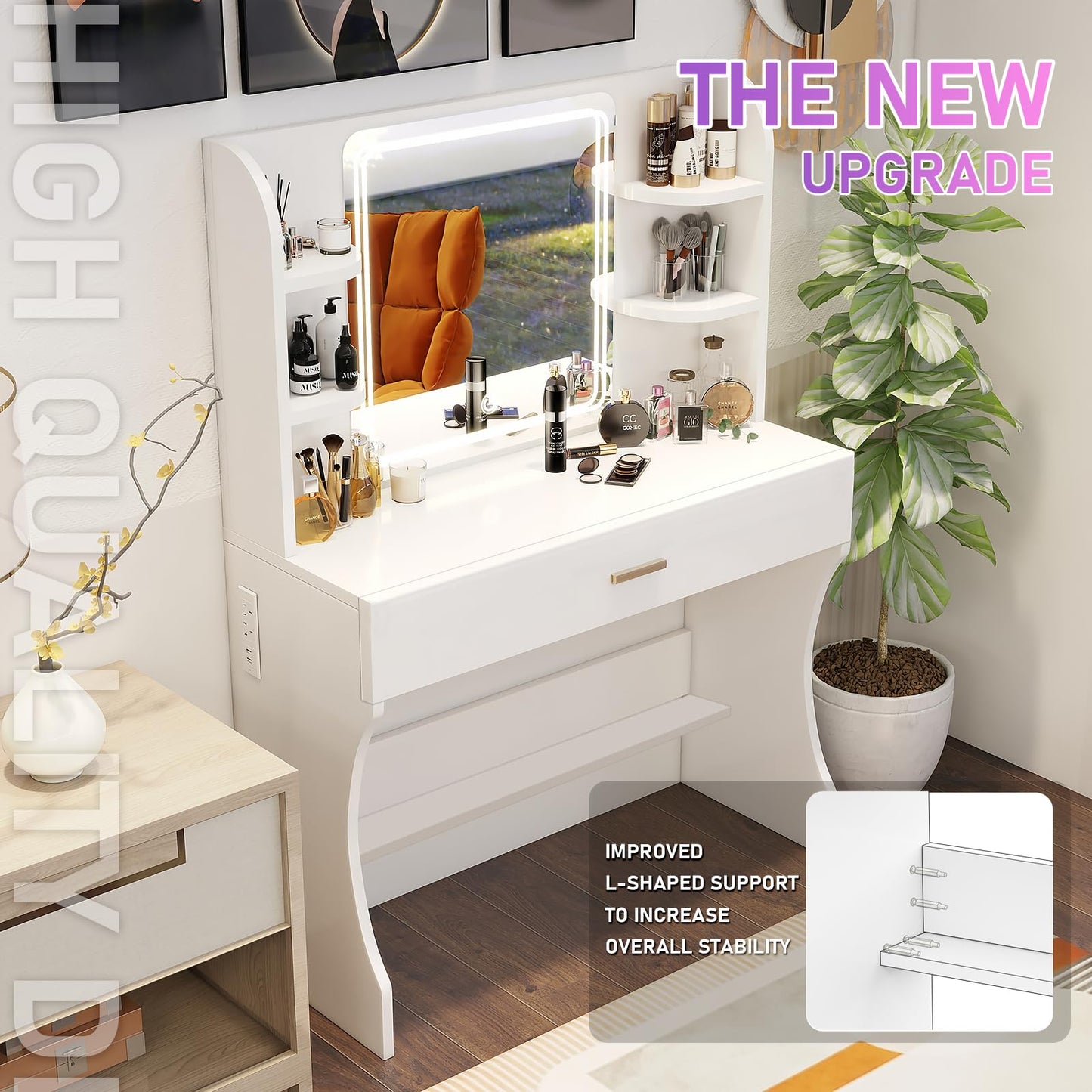 CFTEL Vanity Desk, Makeup Vanity with Mirror and Lights, White Makeup Vanity Table with Big Drawer, Power Outlet, Stronger Links, for Bedroom, Dressing Room