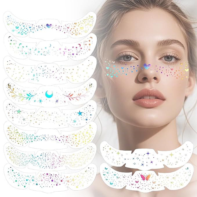 Boko 10Pcs Holographic Glitter Freckles Face Tattoo, Star Face Glitter Speckles Makeup Patches for Pride Accessories, Wate...