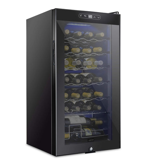 SCHMECKE 28 Bottle Compressor Wine Cooler Refrigerator w/Lock - Large Freestanding Wine Cellar - 41f-64f Digital Temperature Control Wine Fridge For Red, White, Champagne or Sparkling Wine - Black
