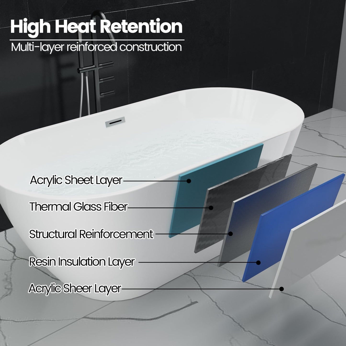 67 Inch Freestanding Bathtubs, Modern Acrylic Free Standing Bathtub with Integrated Overflow, Deep Soaking Tub Ergonomic Design for Spa-Like Relaxation